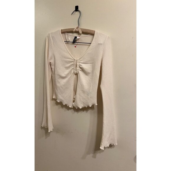 H&M Divided White Ribbed Long Sleeve Crop Top Ruched Front Lettuce Hem Size M Y2 - Picture 1 of 13